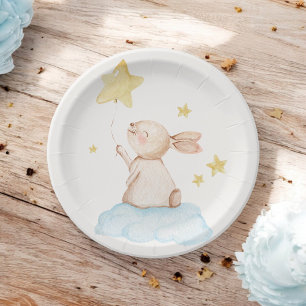 Blue Some Bunny Yellow Star Balloon Baby Shower Paper Plate