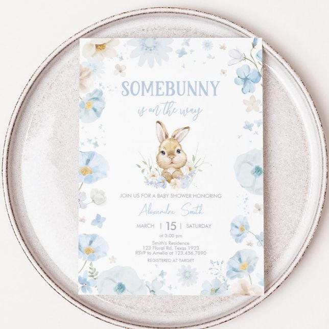 Blue Somebunny Rabbit Baby Shower Invitation (Blue Rabbit Somebunny Baby Shower Invitation)