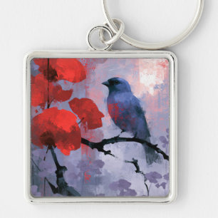 Blue Songbird with Cherry Red Blossoms Keychain