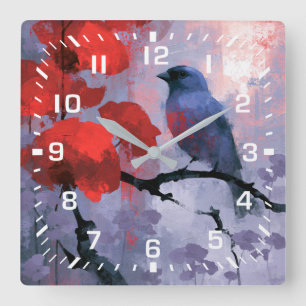 Blue Songbird with Cherry Red Blossoms Square Wall Clock