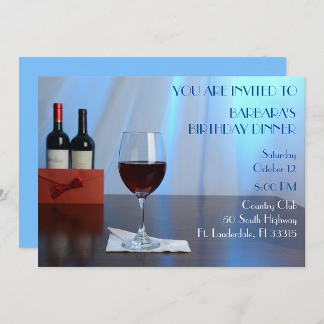 Blue Sophisticated Red wine birthday  party  Invitation (Front/Back)
