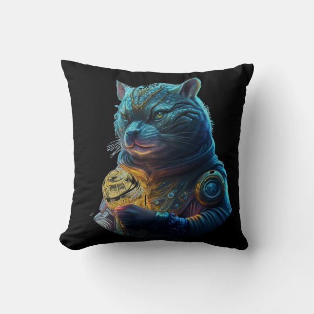 Blue Space Cat Astronaut Holds Glowing Module Throw Pillow (Front)