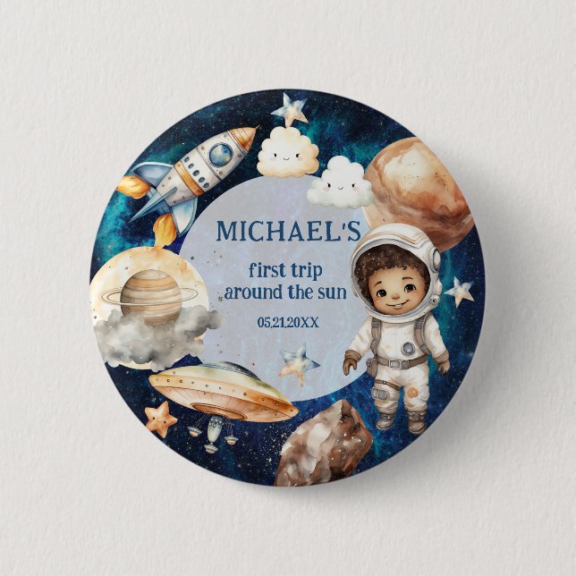 Blue Space First Trip Around The Sun Birthday 2 Inch Round Button (Front)