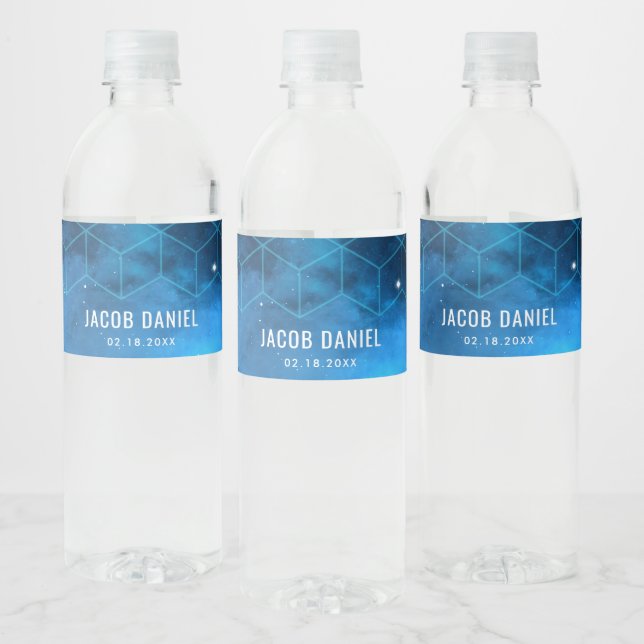 Blue Space Galaxy Bar Mitzvah Personalized Water Bottle Label (Bottles)