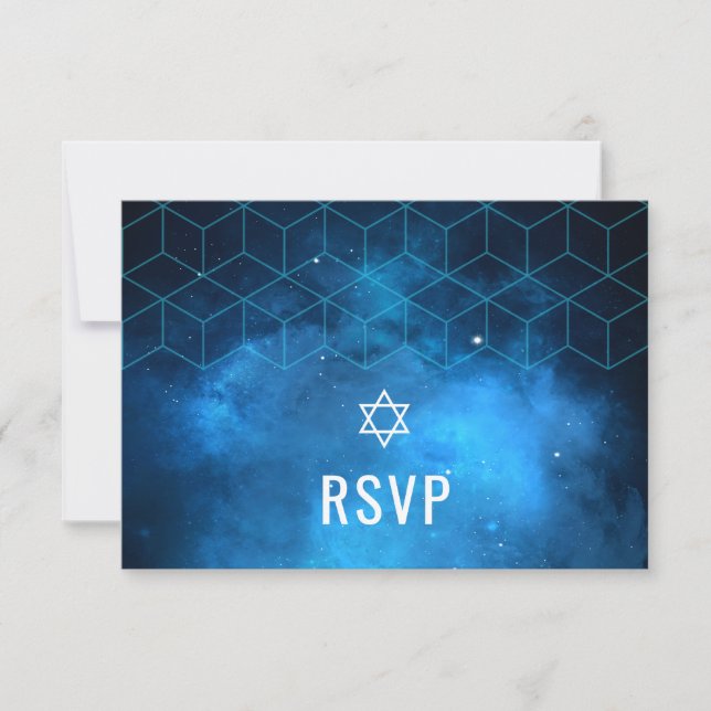 Blue Space Galaxy Bar Mitzvah RSVP Card (Front)