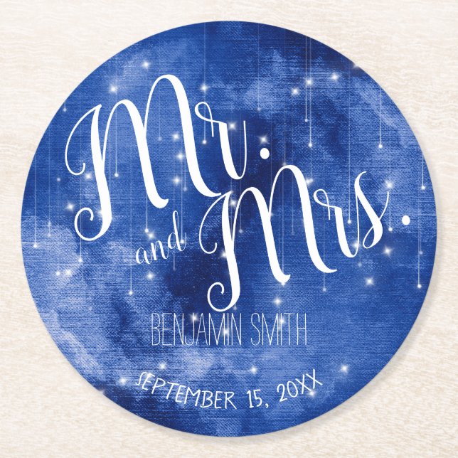 Blue Space Galaxy Stars Night Sky Wedding Round Paper Coaster (Front)