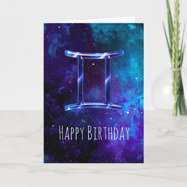Blue Space Gemini Birthday Card (Front)