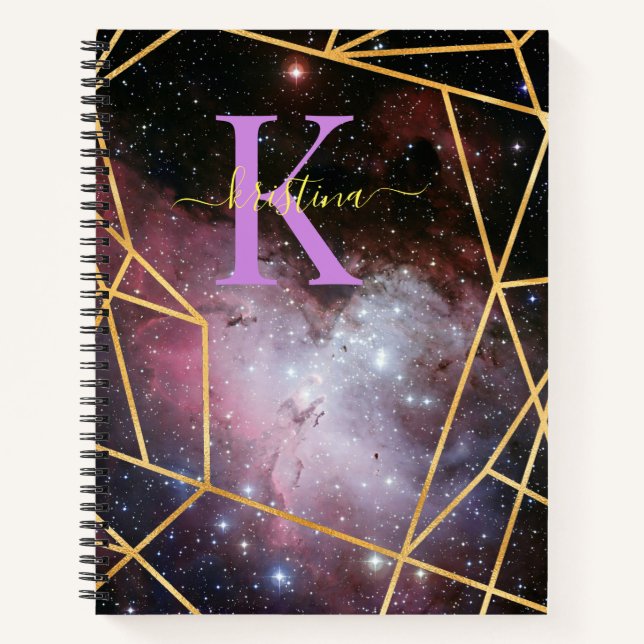 Blue Space Gold Glitter Sparkle Name Monogram Notebook (Front)