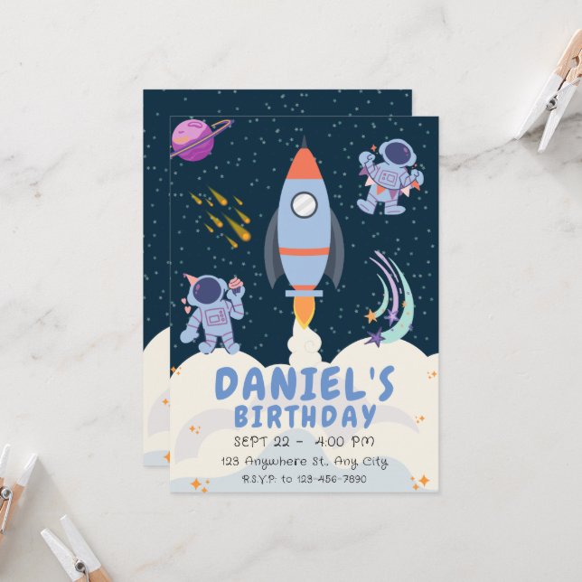 Blue Space & Rockets Birthday Invitation (Front/Back In Situ)