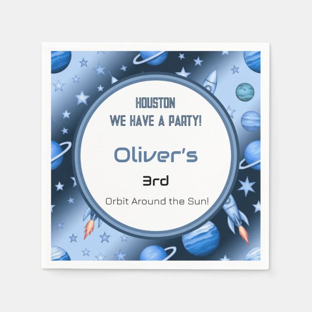 Blue Space Theme Rocket & Planets Kids Party  Napkin (Front)