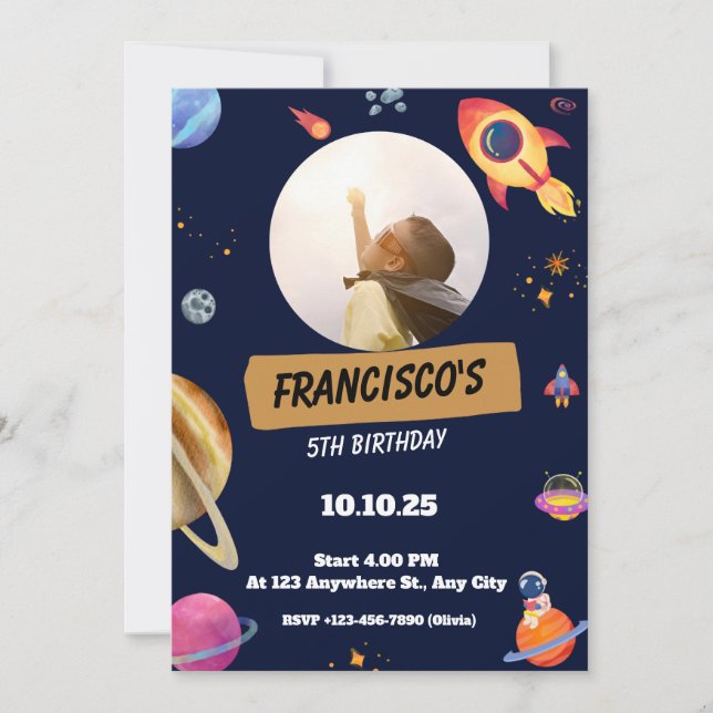 Blue Space Themed Birthday Party Invitation (Front)