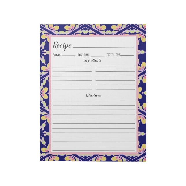 Blue Spanish Mediterranean Tile Pattern Recipe Notepad (Rotated)
