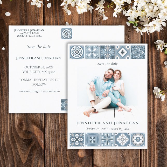 BLUE SPANISH TILES SAVE THE DATE POSTCARD (Creator Uploaded)