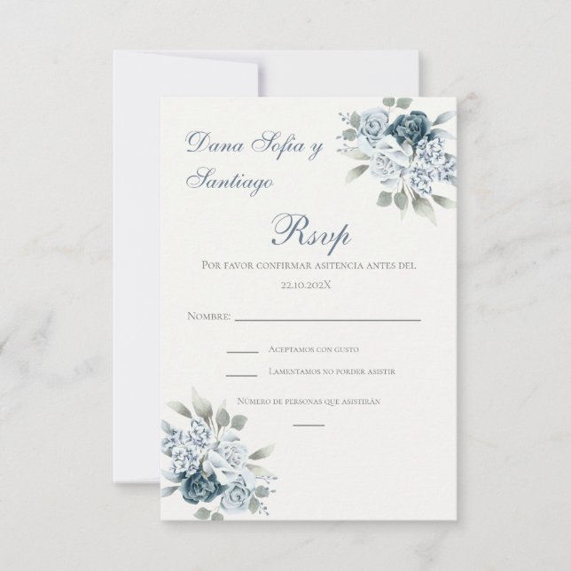 Blue Spanish Wedding RSVP card (Front)
