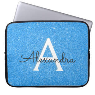 Blue Sparkle and Glitter Monogram Laptop Sleeve