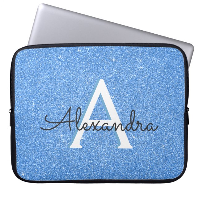 Blue Sparkle and Glitter Monogram Laptop Sleeve (Front)
