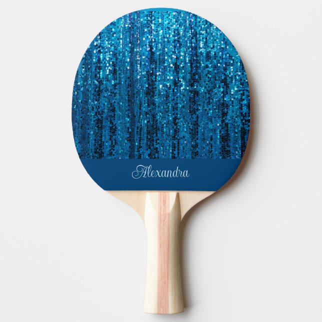 Blue Sparkle Bling Personalized Ping Pong Paddle (Front)