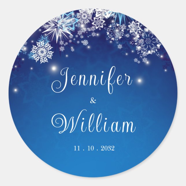 Blue Sparkle Falling Snowflakes Wedding Classic Round Sticker (Front)
