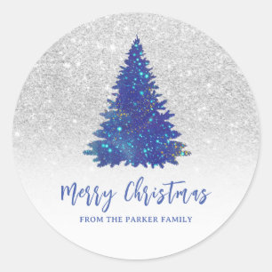 Blue Sparkle Glitter Dust Christmas Tree Classic Round Sticker