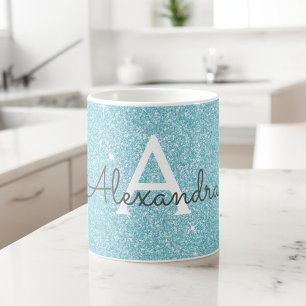 Blue Sparkle Glitter Monogram Name & Initial Coffee Mug