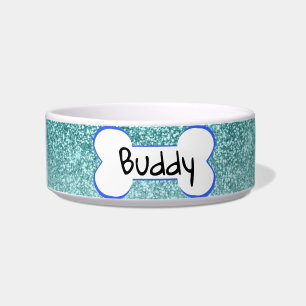 Blue Sparkle Glitter Pet Dog Cat Personalized Bowl