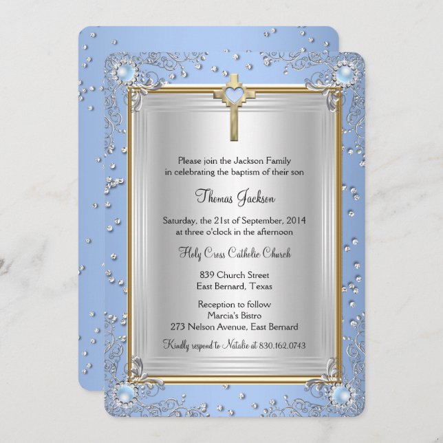 Blue Sparkle Jewel Baptism Christening Gold 2 Invitation (Front/Back)