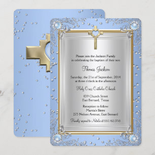 Blue Sparkle Jewel Baptism Christening Gold 2 Invitation