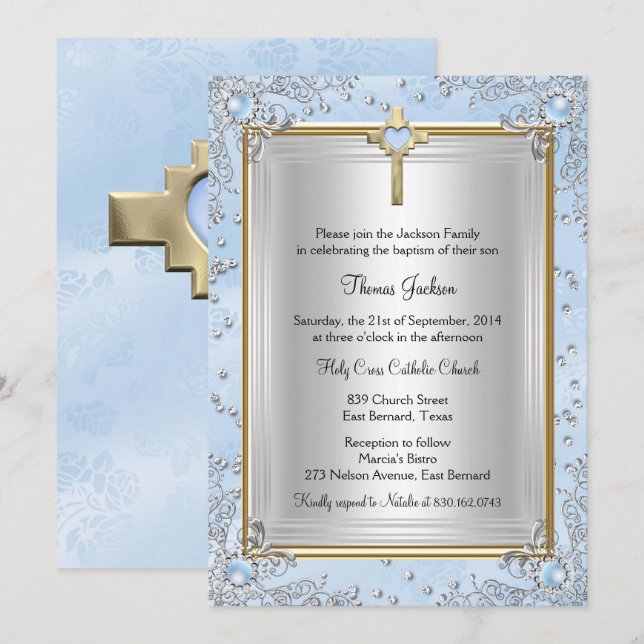 Blue Sparkle Jewel Baptism Christening Gold Invitation (Front/Back)