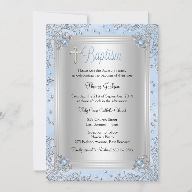 Blue Sparkle Jewel Baptism Christening Invitation (Front)