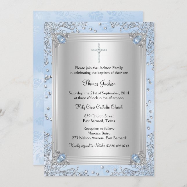 Blue Sparkle Jewel Baptism/Christening Invite (Front/Back)