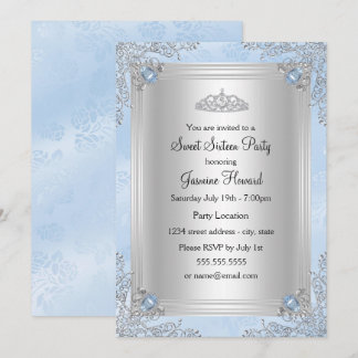 Blue Sparkle Jewel & Tiara Sweet 16 Invitation