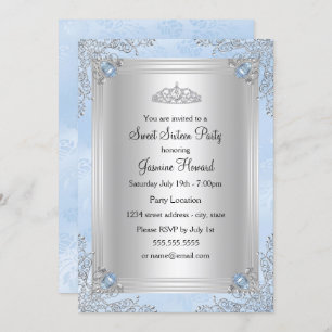 Blue Sparkle Jewel & Tiara Sweet 16 Invitation