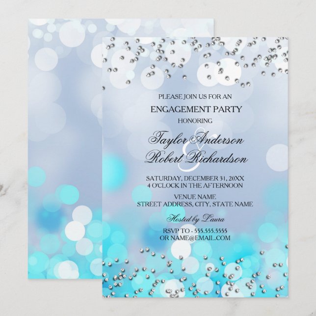 Blue Sparkle Lights Engagement Party Invitation (Devant / Derrière)