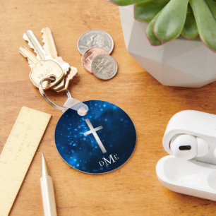 Blue Sparkle Lights Silver Cross Monogram  Keychain