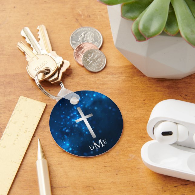 Blue Sparkle Lights Silver Cross Monogram  Keychain (Desk)