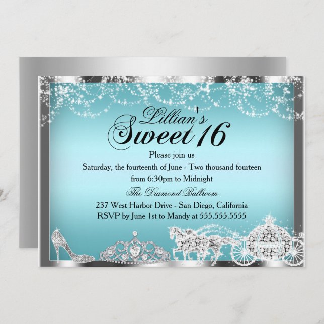 Blue Sparkle Princess Theme Sweet 16 Invitation (Devant / Derrière)