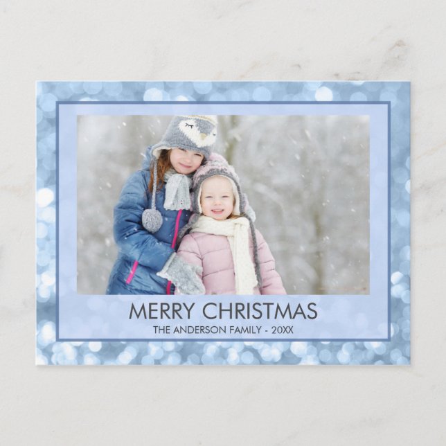 Blue Sparkle Snow Bokeh Christmas Family Photo Holiday Postcard (Front)