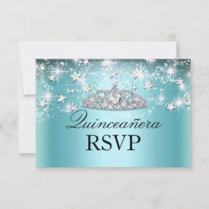 Blue Sparkle Tiara & Stars Quinceanera RSVP Card