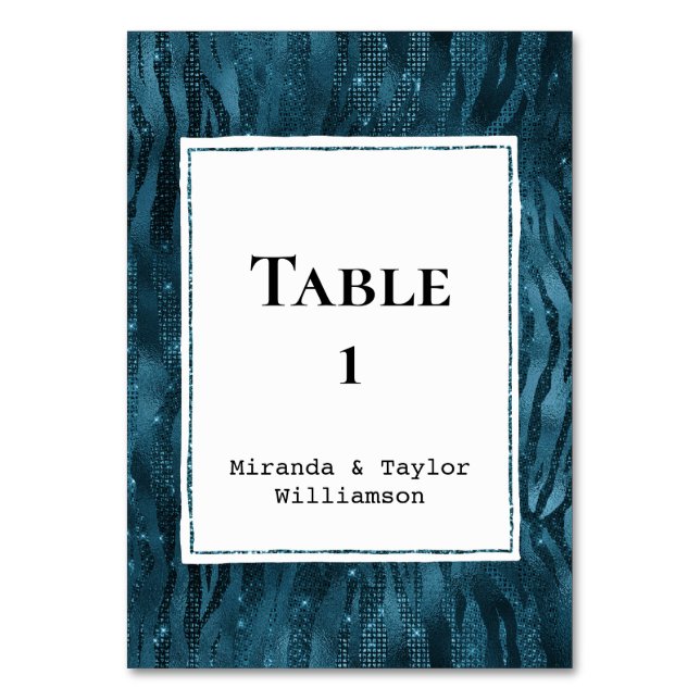 Blue Sparkle Zebra Print Table Number (Front)