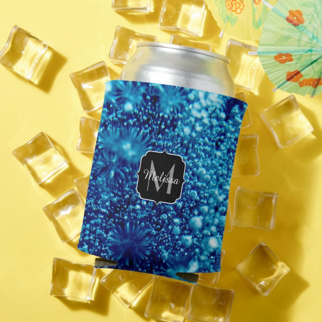 Blue sparkles Abstract Frozen bubbles Monogram Can Cooler (In Situ Summer)