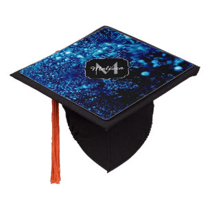 Blue sparkles Abstract Frozen bubbles Monogram Graduation Cap Topper