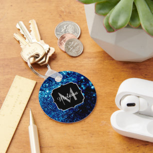 Blue sparkles Abstract Frozen bubbles Monogram Keychain