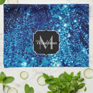 Blue sparkles Abstract Frozen bubbles Monogram Kitchen Towel