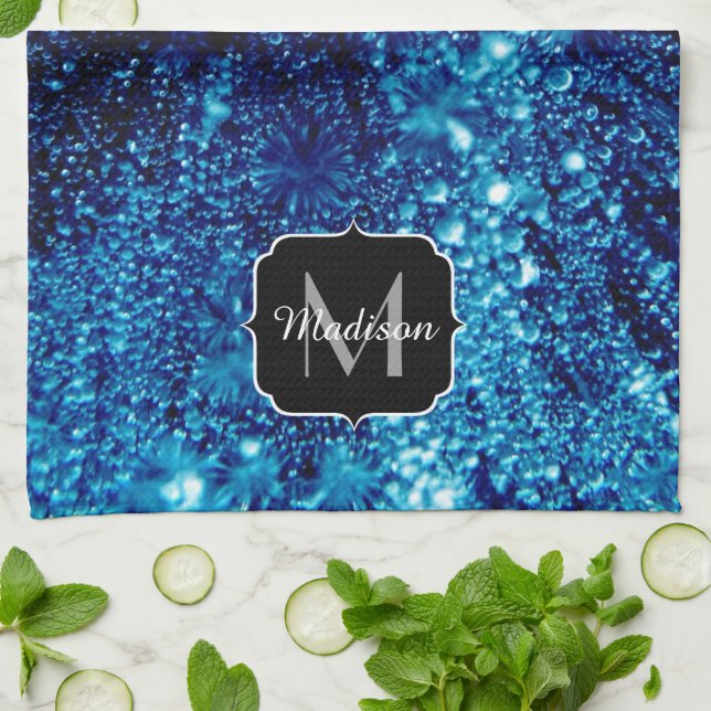 Blue sparkles Abstract Frozen bubbles Monogram Kitchen Towel (Folded)