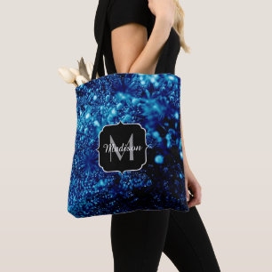 Blue sparkles Abstract Frozen bubbles Monogram Tote Bag