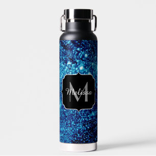 Blue sparkles Abstract Frozen bubbles Monogram Water Bottle