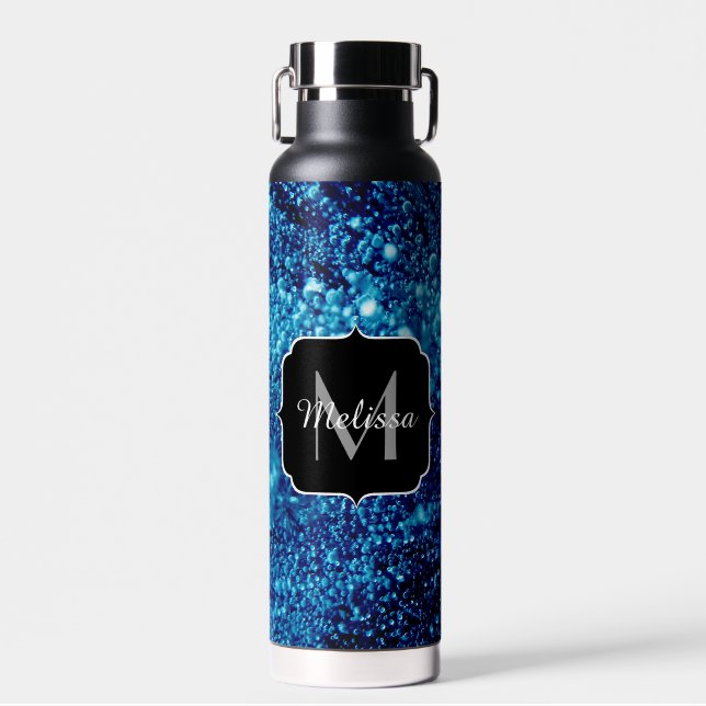 Blue sparkles Abstract Frozen bubbles Monogram Water Bottle (Front)