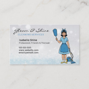 Blue Sparkles Retro Cleaner Cleaning Woman Service Business Card