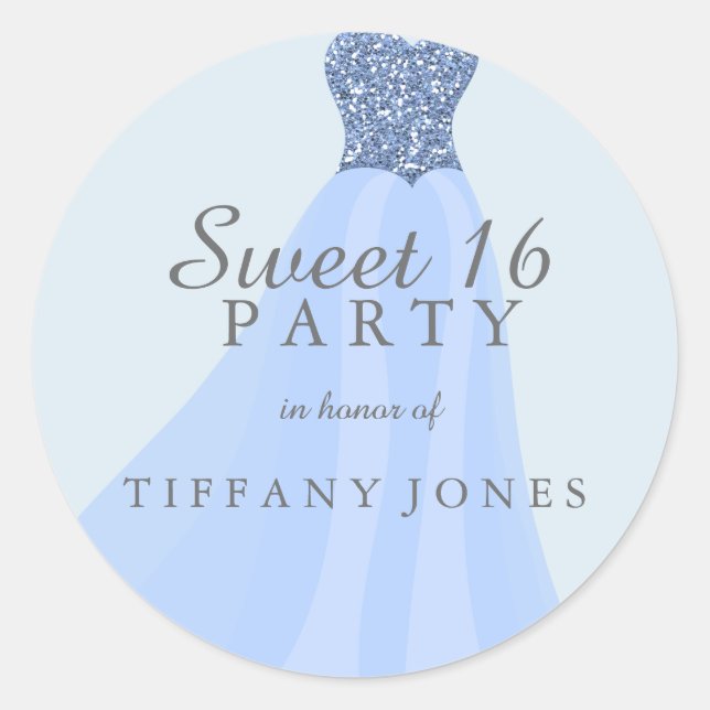 Blue Sparkling Glitter Gown Sweet 16 Party Classic Round Sticker (Front)
