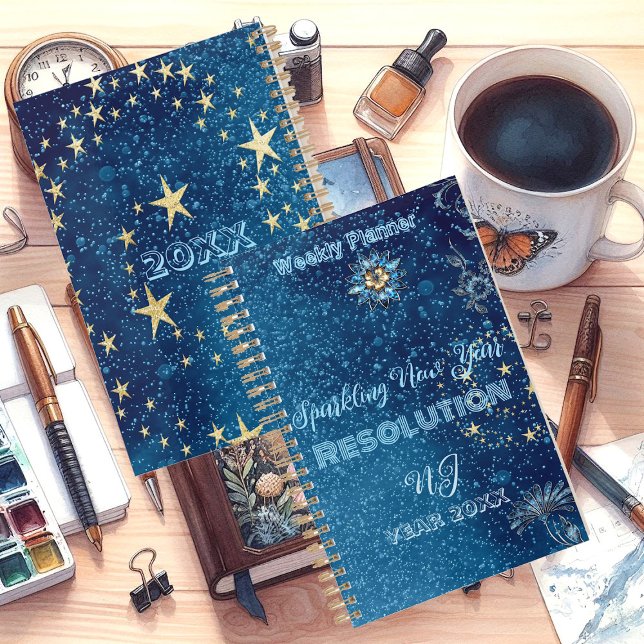 Blue Sparkling Glitter Stars  New Year Resolution  Planner (Blue Sparkling New Year Glitter Stars Floral Party Planner)